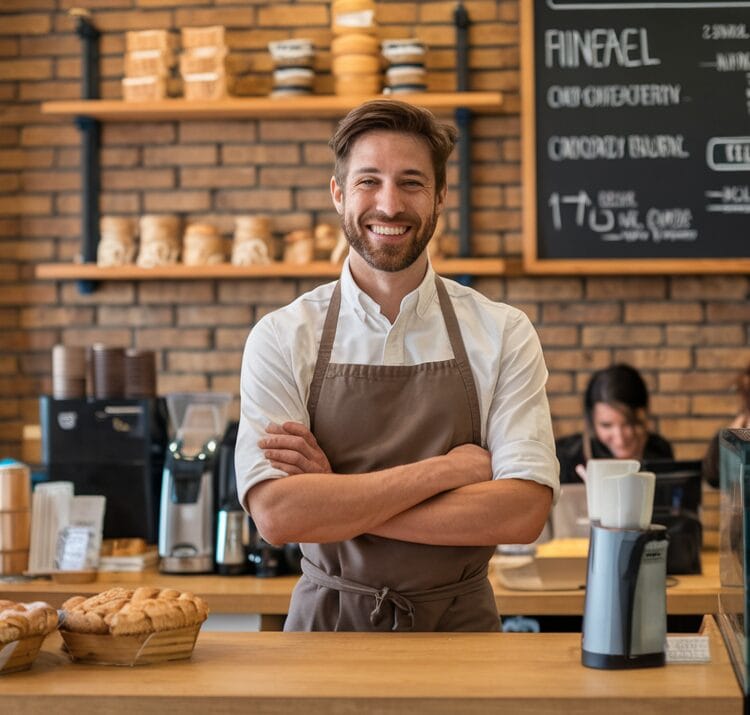 coffee shop, a cashier, bakery, business owner sm…
