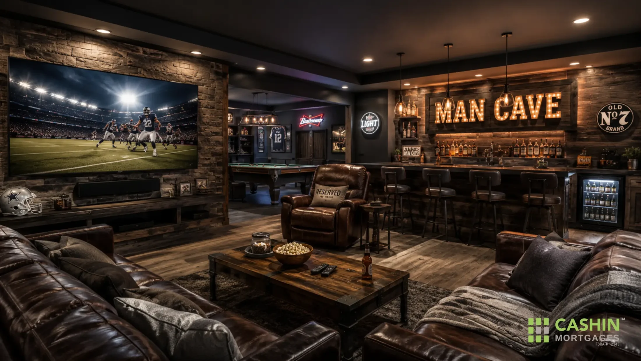 Modern man cave showcasing a completed home upgrade that adds comfort and property value for Ontario homeowners exploring mortgage refinancing and home financing options.