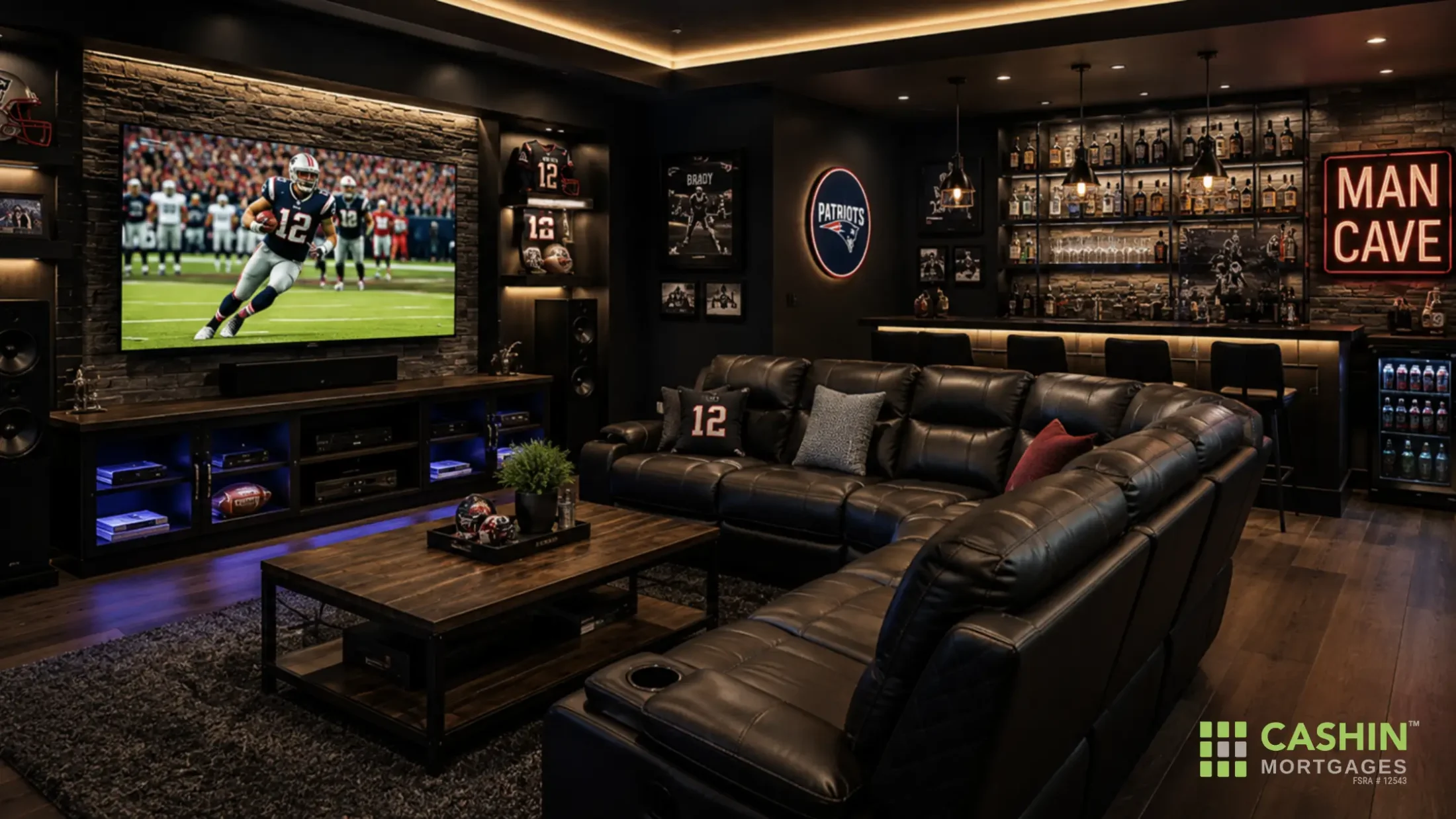 Luxury sports-themed man cave with leather seating, football memorabilia, home bar, and large TV