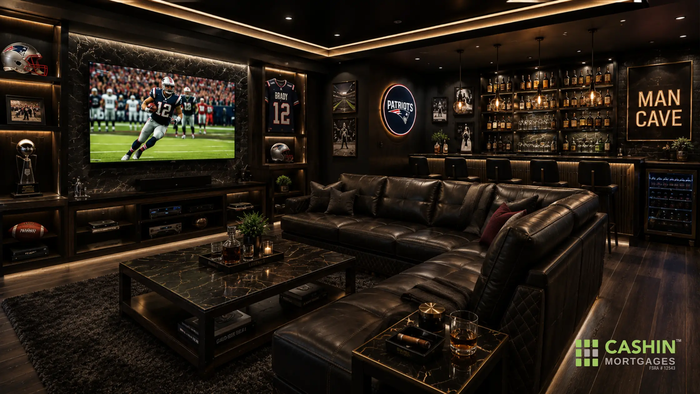 Luxury sports man cave with private bar and leather seating