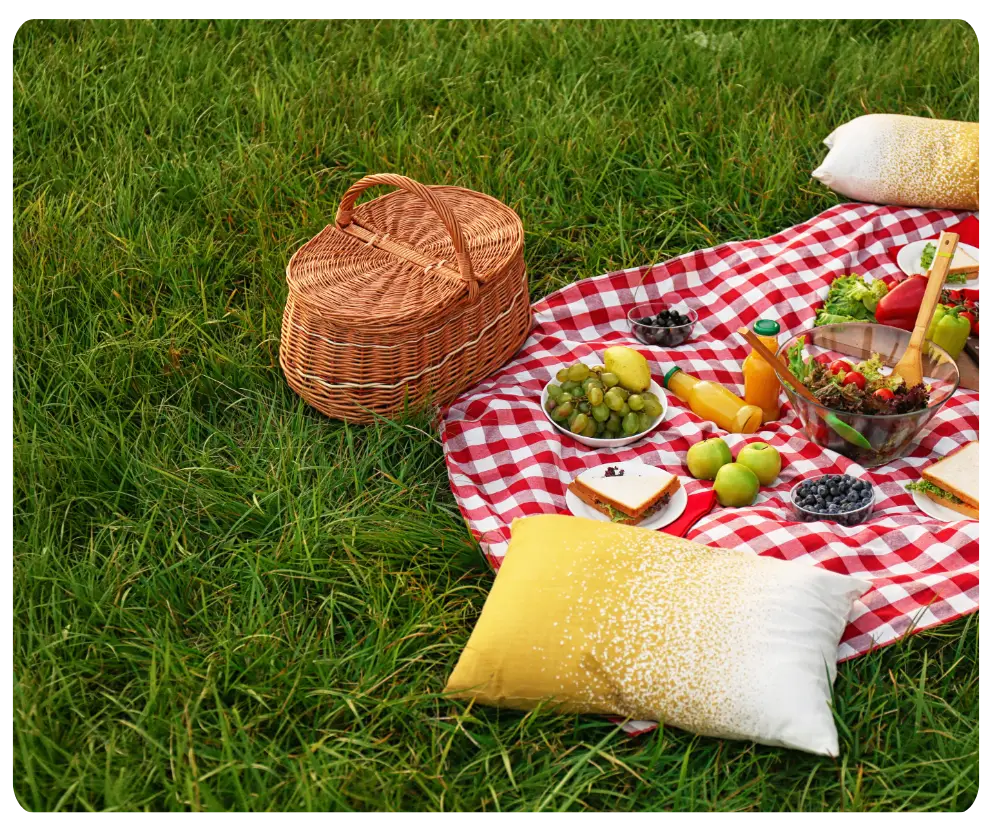 Outdoor picnic setup with food and basket on green grass